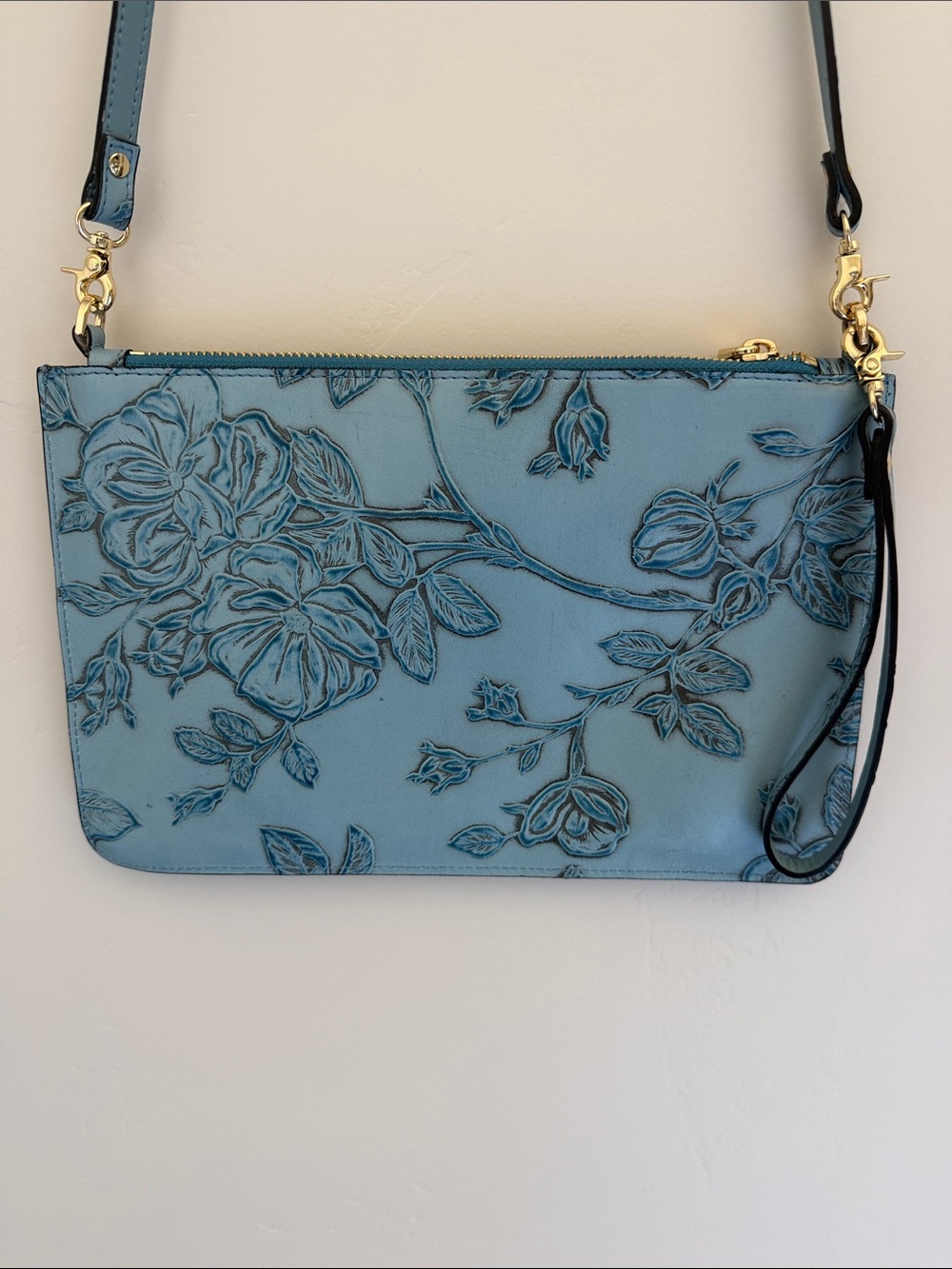 Cuoieria Fiorentina Blue Leather Floral Embossed Crossbody. Made in Italy - Picture 6 of 13